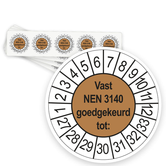 Keuringsstickers Vast NEN 3140 Goedgekeurd tot 2027 | 50 stuks, Ø 35 mm | Bruin - strook van 5 stickers