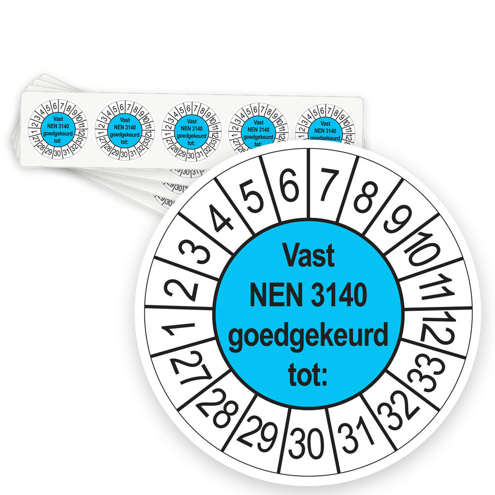Keuringsstickers Vast NEN 3140 Goedgekeurd tot 2027 | 50 stuks, Ø 35 mm | Blauw - strook van 5 stickers