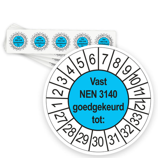 Keuringsstickers Vast NEN 3140 Goedgekeurd tot 2027 | 50 stuks, Ø 35 mm | Blauw - strook van 5 stickers