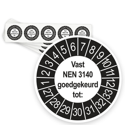 Keuringsstickers Vast NEN 3140 Goedgekeurd tot 2027 | 50 stuks, Ø 35 mm | Buiten Zwart - strook van 5 stickers