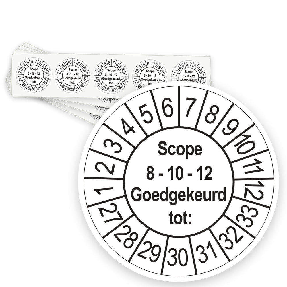 Keuringsstickers SCIOS Scope 8/10/12 Goedgekeurd tot 2027 | 50 stuks, Ø 35 mm | Wit - strook van 5 stickers