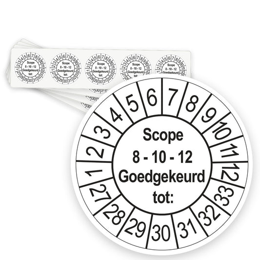 Keuringsstickers SCIOS Scope 8/10/12 Goedgekeurd tot 2027 | 50 stuks, Ø 35 mm | Wit - strook van 5 stickers