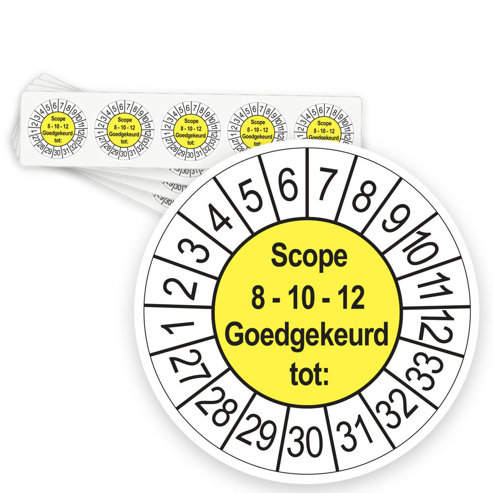 Keuringsstickers SCIOS Scope 8/10/12 Goedgekeurd tot 2027 | 50 stuks, Ø 35 mm | Geel - strook van 5 stickers