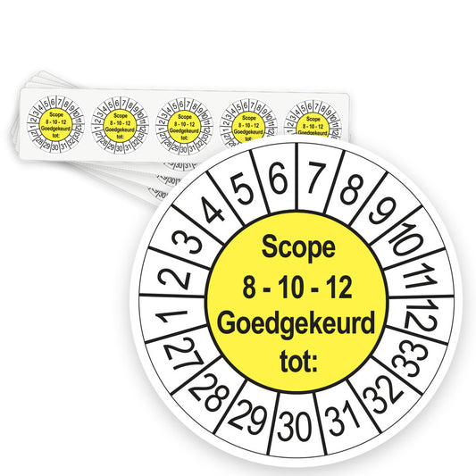 Keuringsstickers SCIOS Scope 8/10/12 Goedgekeurd tot 2027 | 50 stuks, Ø 35 mm | Geel - strook van 5 stickers