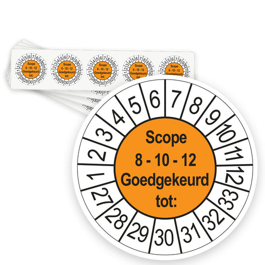 Keuringsstickers SCIOS Scope 8/10/12 Goedgekeurd tot 2027 | 50 stuks, Ø 35 mm | Oranje - strook van 5 stickers
