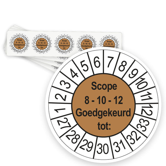 Keuringsstickers SCIOS Scope 8/10/12 Goedgekeurd tot 2027 | 50 stuks, Ø 35 mm | Bruin - strook van 5 stickers