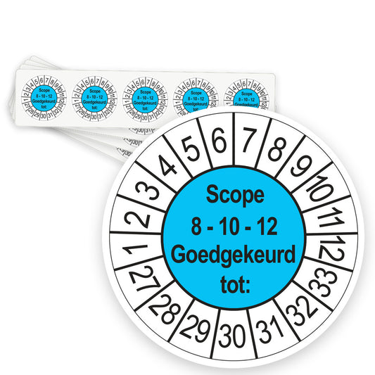 Keuringsstickers SCIOS Scope 8/10/12 Goedgekeurd tot 2027 | 50 stuks, Ø 35 mm | Blauw - strook van 5 stickers