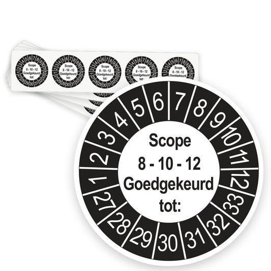 Keuringsstickers SCIOS Scope 8/10/12 Goedgekeurd tot 2027 | 50 stuks, Ø 35 mm | Buiten Zwart - strook van 5 stickers