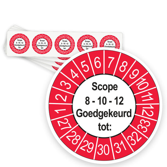 Keuringsstickers SCIOS Scope 8/10/12 Goedgekeurd tot 2027 | 50 stuks, Ø 35 mm | Buiten Rood - strook van 5 stickers