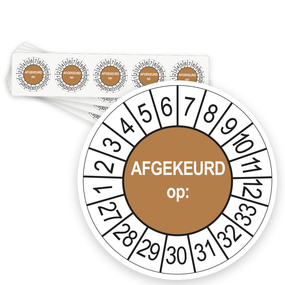 Keuringsstickers Afgekeurd op 2027 | 50 stuks, Ø 35 mm | Bruin - strook van 5 stickers