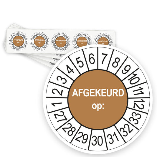 Keuringsstickers Afgekeurd op 2027 | 50 stuks, Ø 35 mm | Bruin - strook van 5 stickers
