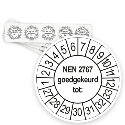 Keuringsstickers NEN 2767 Goedgekeurd tot 2027 | 50 stuks, Ø 35 mm | Wit - strook van 5 stickers