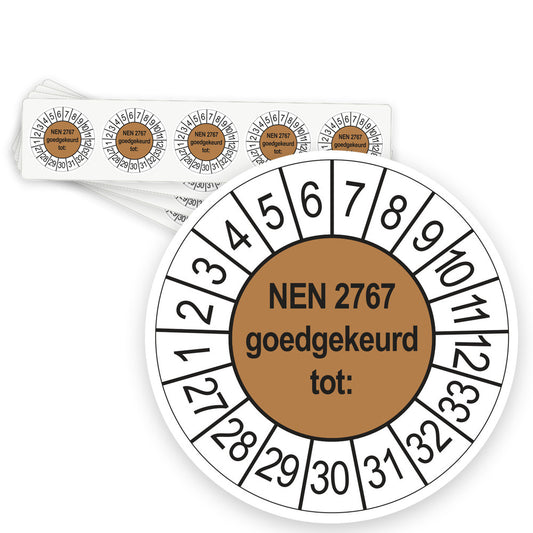 Keuringsstickers NEN 2767 Goedgekeurd tot 2027 | 50 stuks, Ø 35 mm | Bruin - strook van 5 stickers