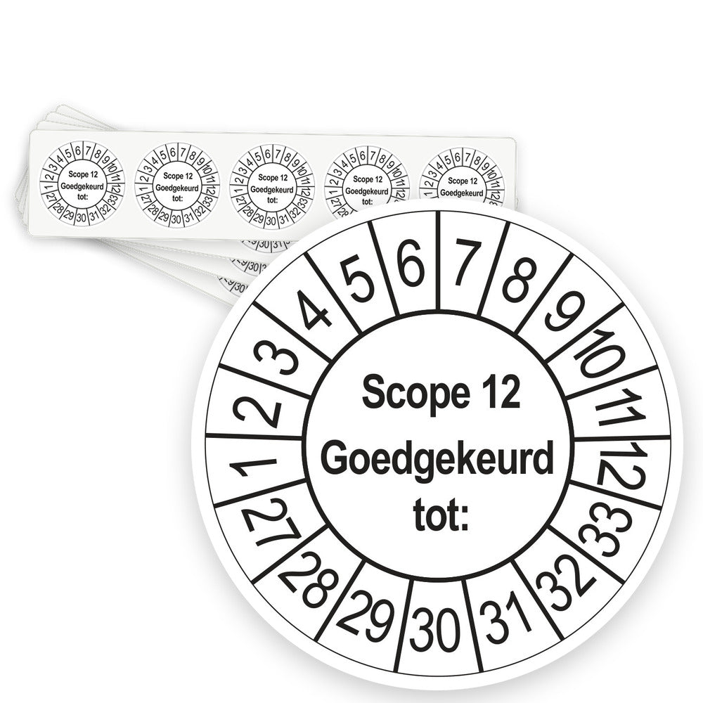 Keuringsstickers SCIOS Scope 12 Goedgekeurd tot 2027 | 50 stuks, Ø 35 mm | Wit - strook van 5 stickers