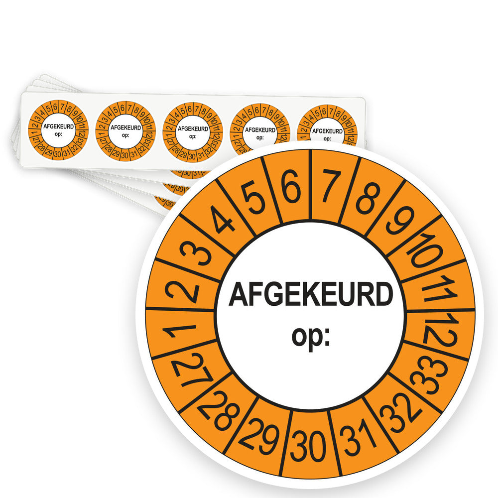 Keuringsstickers Afgekeurd op 2027 | 50 stuks, Ø 35 mm | Buiten Oranje - strook van 5 stickers