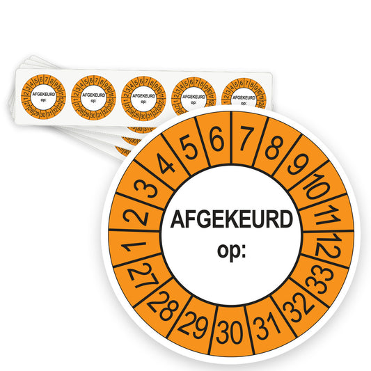 Keuringsstickers Afgekeurd op 2027 | 50 stuks, Ø 35 mm | Buiten Oranje - strook van 5 stickers