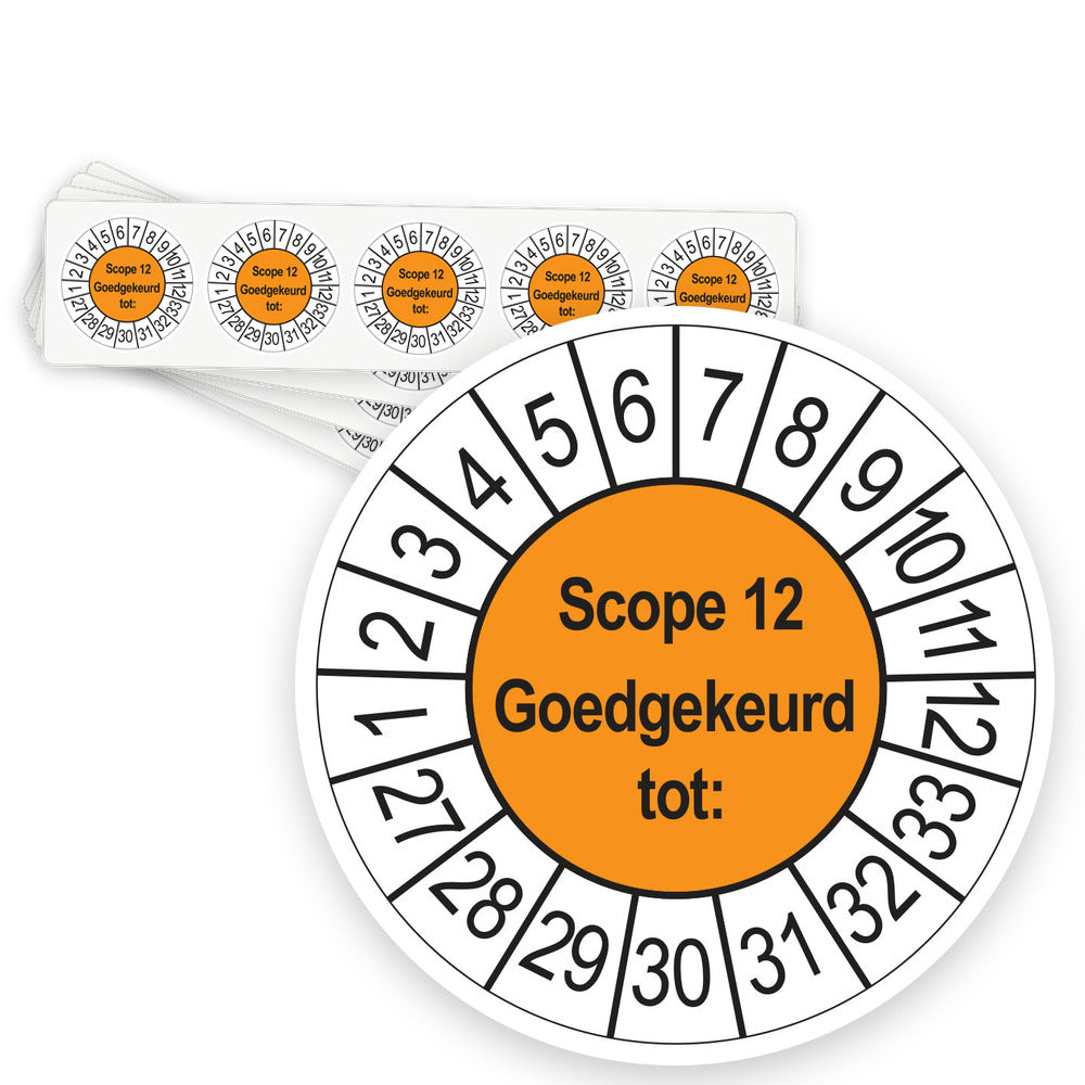 Keuringsstickers SCIOS Scope 12 Goedgekeurd tot 2027 | 50 stuks, Ø 35 mm | Oranje - strook van 5 stickers