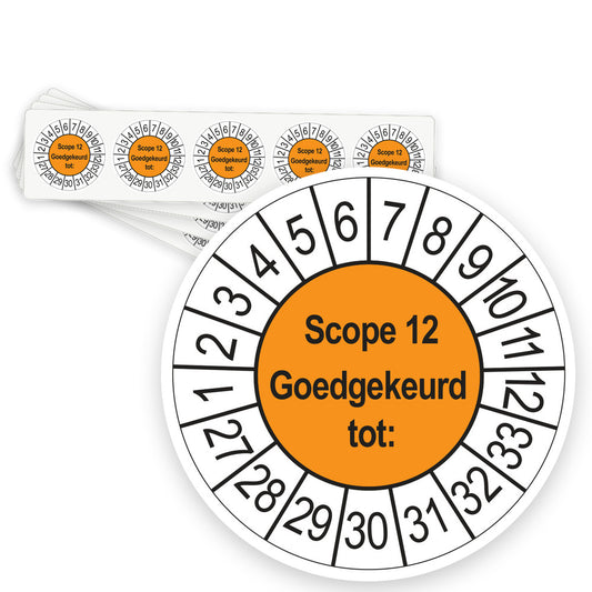 Keuringsstickers SCIOS Scope 12 Goedgekeurd tot 2027 | 50 stuks, Ø 35 mm | Oranje - strook van 5 stickers