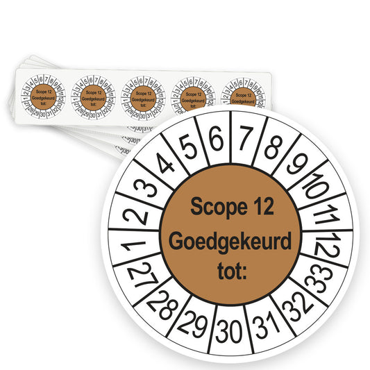 Keuringsstickers SCIOS Scope 12 Goedgekeurd tot 2027 | 50 stuks, Ø 35 mm | Bruin - strook van 5 stickers