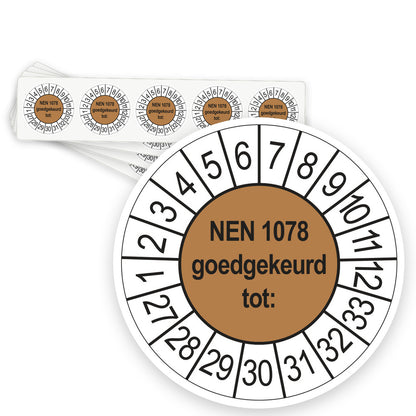 Keuringsstickers NEN 1078 Goedgekeurd tot 2027 | 50 stuks, Ø 35 mm | Bruin - strook van 5 stickers