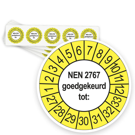 Keuringsstickers NEN 2767 Goedgekeurd tot 2027 | 50 stuks, Ø 35 mm | Buiten Geel - strook van 5 stickers