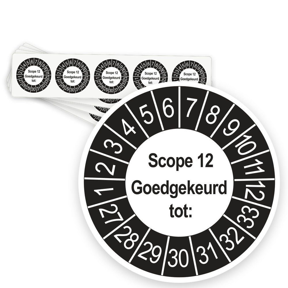 Keuringsstickers SCIOS Scope 12 Goedgekeurd tot 2027 | 50 stuks, Ø 35 mm | Buiten Zwart - strook van 5 stickers