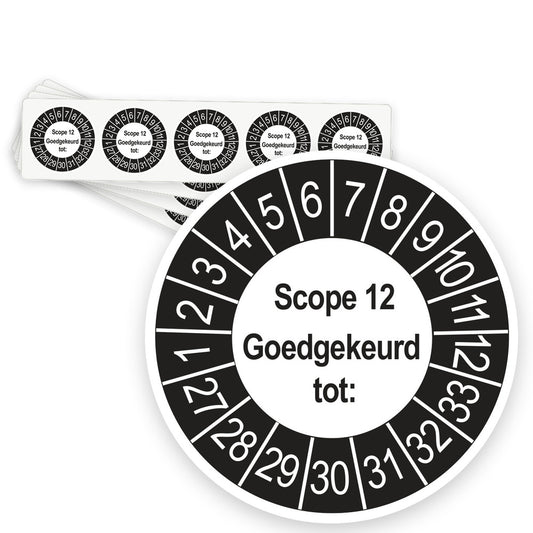 Keuringsstickers SCIOS Scope 12 Goedgekeurd tot 2027 | 50 stuks, Ø 35 mm | Buiten Zwart - strook van 5 stickers