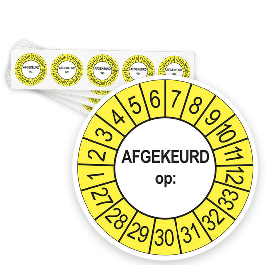 Keuringsstickers Afgekeurd op 2027 | 50 stuks, Ø 35 mm | Buiten Geel - strook van 5 stickers