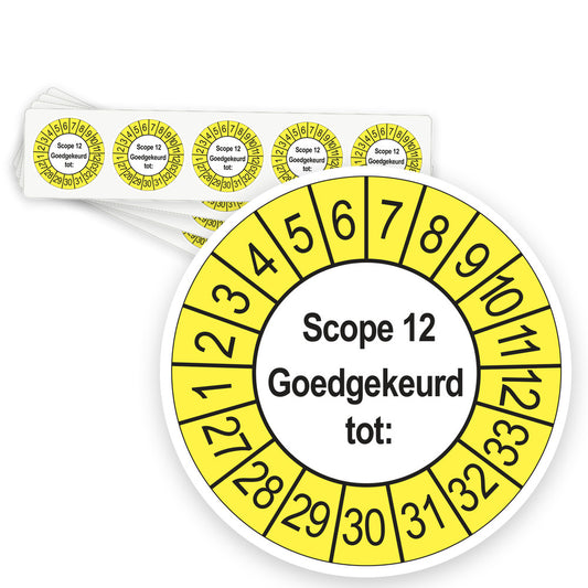 Keuringsstickers SCIOS Scope 12 Goedgekeurd tot 2027 | 50 stuks, Ø 35 mm | Buiten Geel - strook van 5 stickers