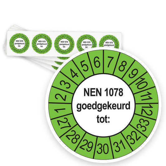 Keuringsstickers NEN 1078 Goedgekeurd tot 2027 | 50 stuks, Ø 35 mm | Buiten Groen - strook van 5 stickers