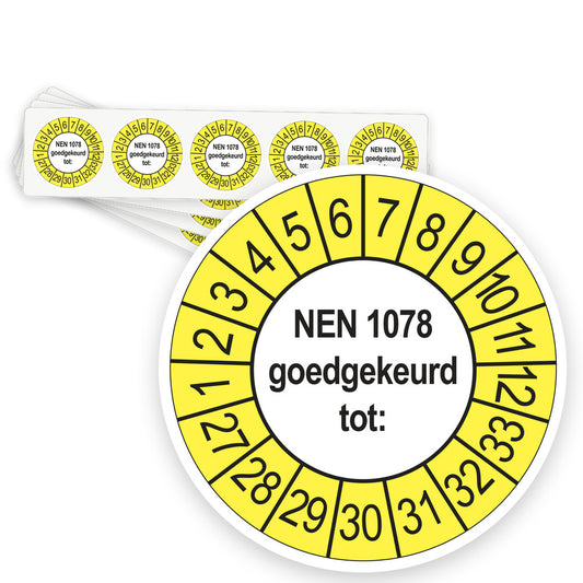 Keuringsstickers NEN 1078 Goedgekeurd tot 2027 | 50 stuks, Ø 35 mm | Buiten Geel - strook van 5 stickers