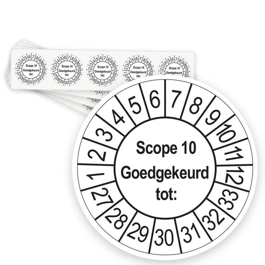 Keuringsstickers SCIOS Scope 10 Goedgekeurd tot 2027 | 50 stuks, Ø 35 mm | Wit - strook van 5 stickers