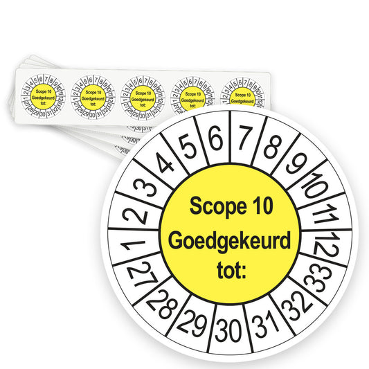 Keuringsstickers SCIOS Scope 10 Goedgekeurd tot 2027 | 50 stuks, Ø 35 mm | Geel - strook van 5 stickers