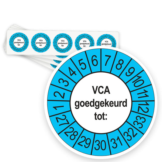 Keuringsstickers VCA 2027 | 50 stuks, Ø 35 mm | Buiten Blauw - strook van 5 stickers