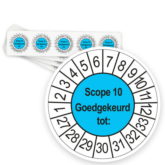 Keuringsstickers SCIOS Scope 10 Goedgekeurd tot 2027 | 50 stuks, Ø 35 mm | Blauw - strook van 5 stickers