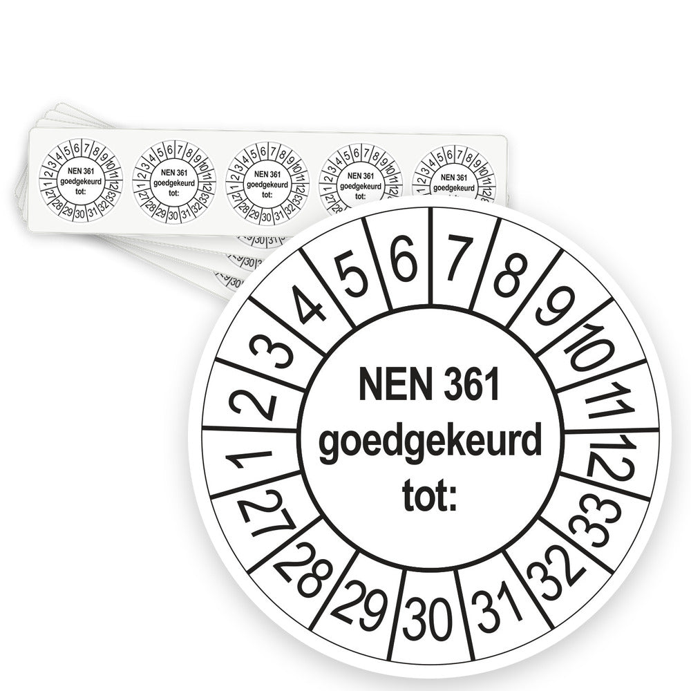Keuringsstickers NEN 361 Goedgekeurd tot 2027 | 50 stuks, Ø 35 mm | Wit - strook van 5 stickers