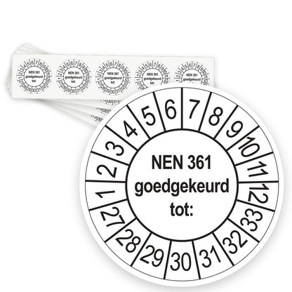 Keuringsstickers NEN 361 Goedgekeurd tot 2027 | 50 stuks, Ø 35 mm | Wit - strook van 5 stickers