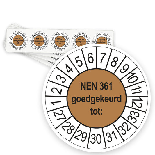 Keuringsstickers NEN 361 Goedgekeurd tot 2027 | 50 stuks, Ø 35 mm | Bruin - strook van 5 stickers