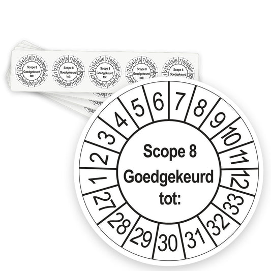 Keuringsstickers SCIOS Scope 8 Goedgekeurd tot 2027 | 50 stuks, Ø 35 mm | Wit - strook van 5 stickers