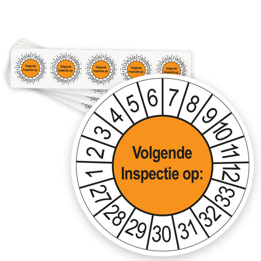 Keuringsstickers Volgende Inspectie 2027 | 50 stuks, Ø 35 mm | Oranje - strook van 5 stickers