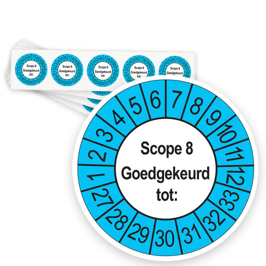 Keuringsstickers SCIOS Scope 8 Goedgekeurd tot 2027 | 50 stuks, Ø 35 mm | Buiten Blauw - strook van 5 stickers