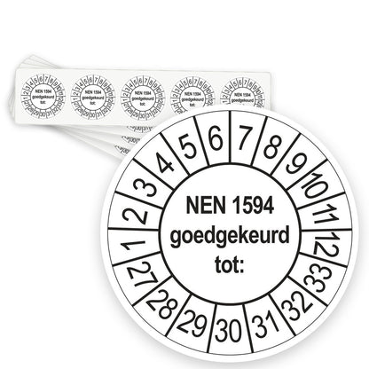 Keuringsstickers NEN 1594 Goedgekeurd tot 2027 | 50 stuks, Ø 35 mm | Wit - strook van 5 stickers
