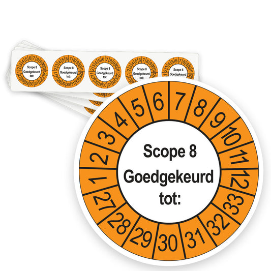 Keuringsstickers SCIOS Scope 8 Goedgekeurd tot 2027 | 50 stuks, Ø 35 mm | Buiten Oranje - strook van 5 stickers