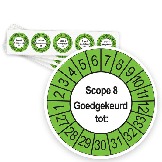 Keuringsstickers SCIOS Scope 8 Goedgekeurd tot 2027 | 50 stuks, Ø 35 mm | Buiten Groen - strook van 5 stickers