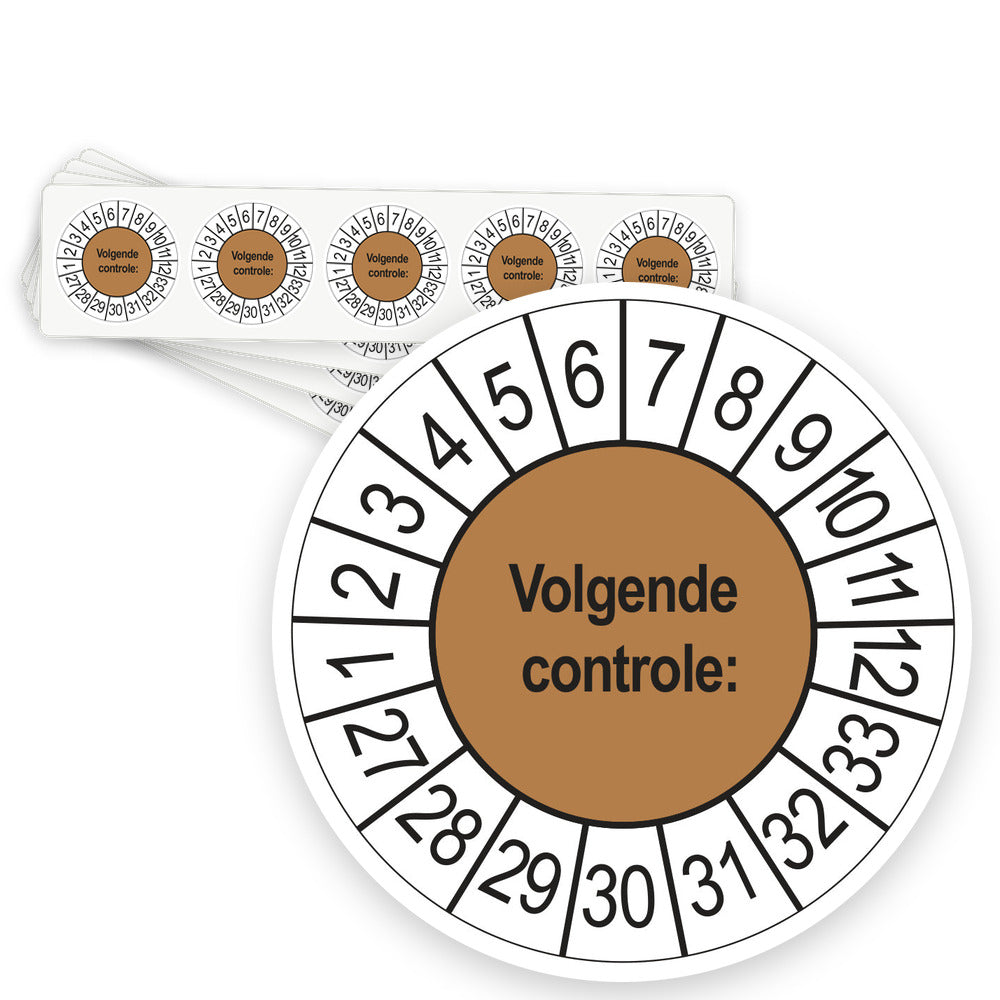 Keuringsstickers Volgende Controle 2027 | 50 stuks, Ø 35 mm | Bruin - strook van 5 stickers