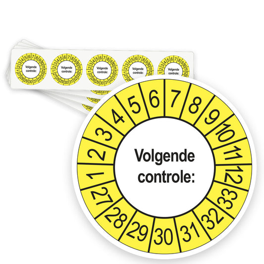 Keuringsstickers Volgende Controle 2027 | 50 stuks, Ø 35 mm | Buiten Geel - strook van 5 stickers