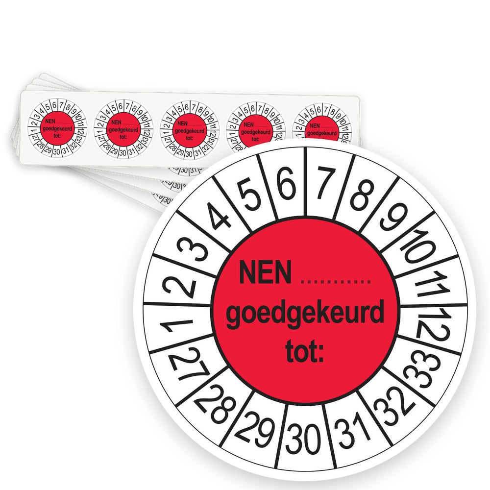 Keuringsstickers NEN (zelf in te vullen) Goedgekeurd tot 2027 | 50 stuks, Ø 35 mm | Rood - strook van 5 stickers