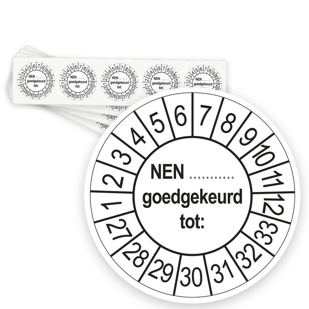 Keuringsstickers NEN (zelf in te vullen) Goedgekeurd tot 2027 | 50 stuks, Ø 35 mm | Wit - strook van 5 stickers