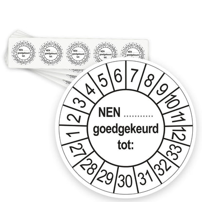 Keuringsstickers NEN (zelf in te vullen) Goedgekeurd tot 2027 | 50 stuks, Ø 35 mm | Wit - strook van 5 stickers