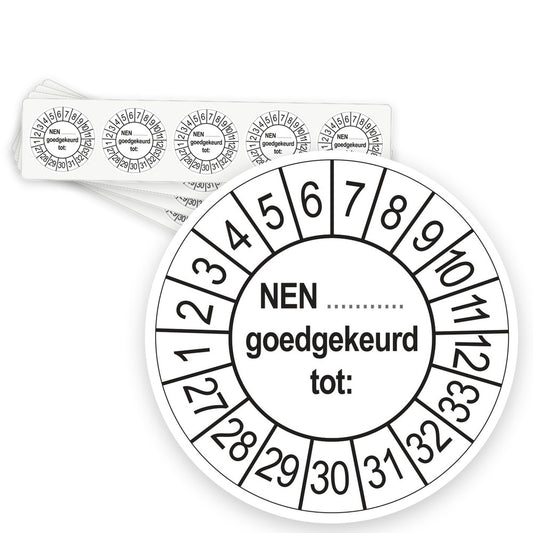Keuringsstickers NEN (zelf in te vullen) Goedgekeurd tot 2027 | 50 stuks, Ø 35 mm | Wit - strook van 5 stickers